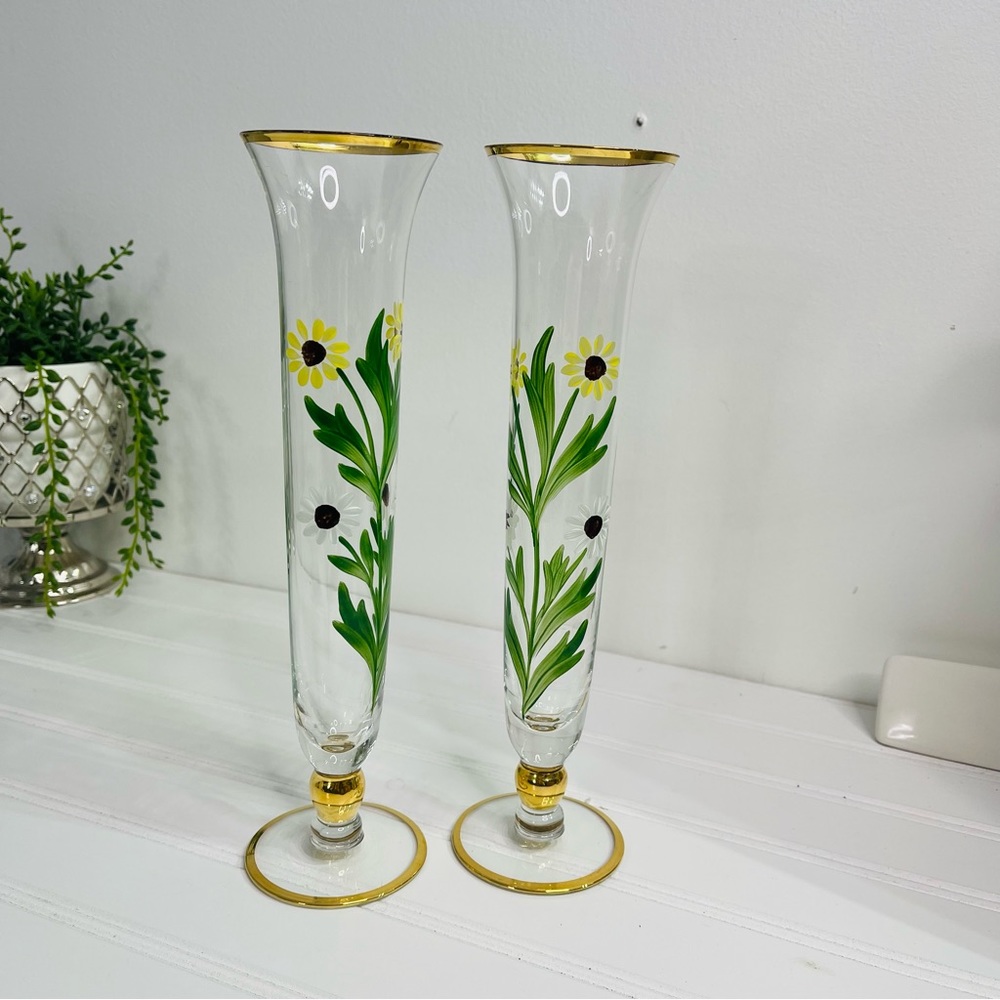 Pair of  West Virginia Glass Bud Vases (2) Gold Trimmed 10" Flowers Hand Painted